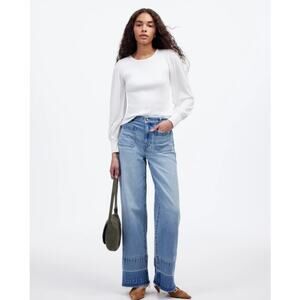 Madewell Ribbed Puff-Sleeve Top WMNS 2XS White Long Sleeve Slim Pullover Cotton